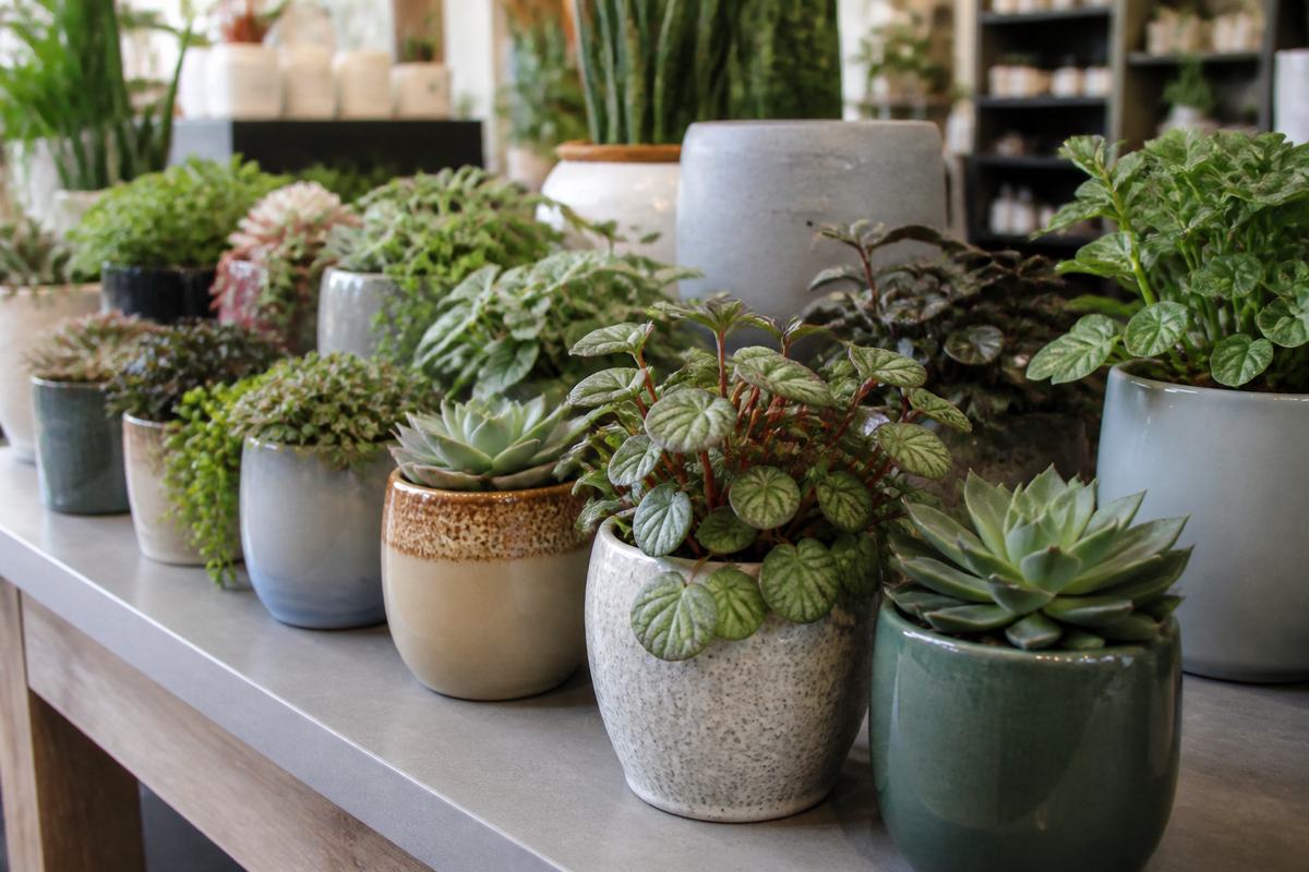 Small succulents in ceramic pots on a shop counter