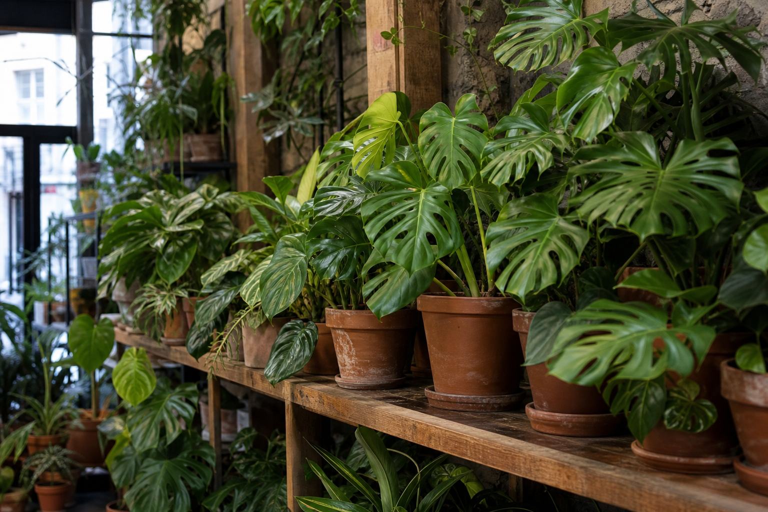 Shelves of leafy indoor plants in terracotta pots at Yoghourt Hooks Plants