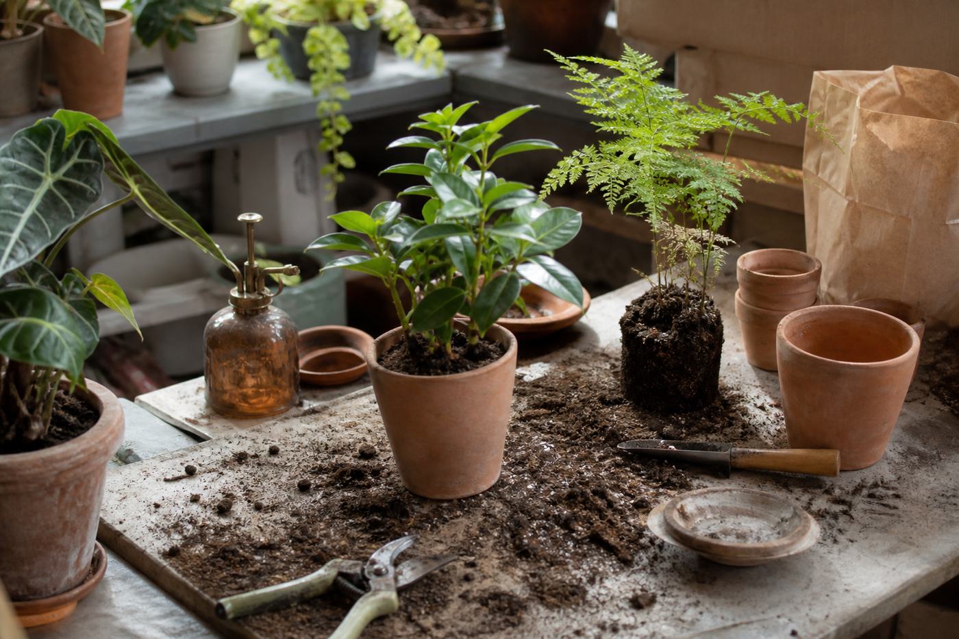 Potting bench with soil, terracotta pots, and tools