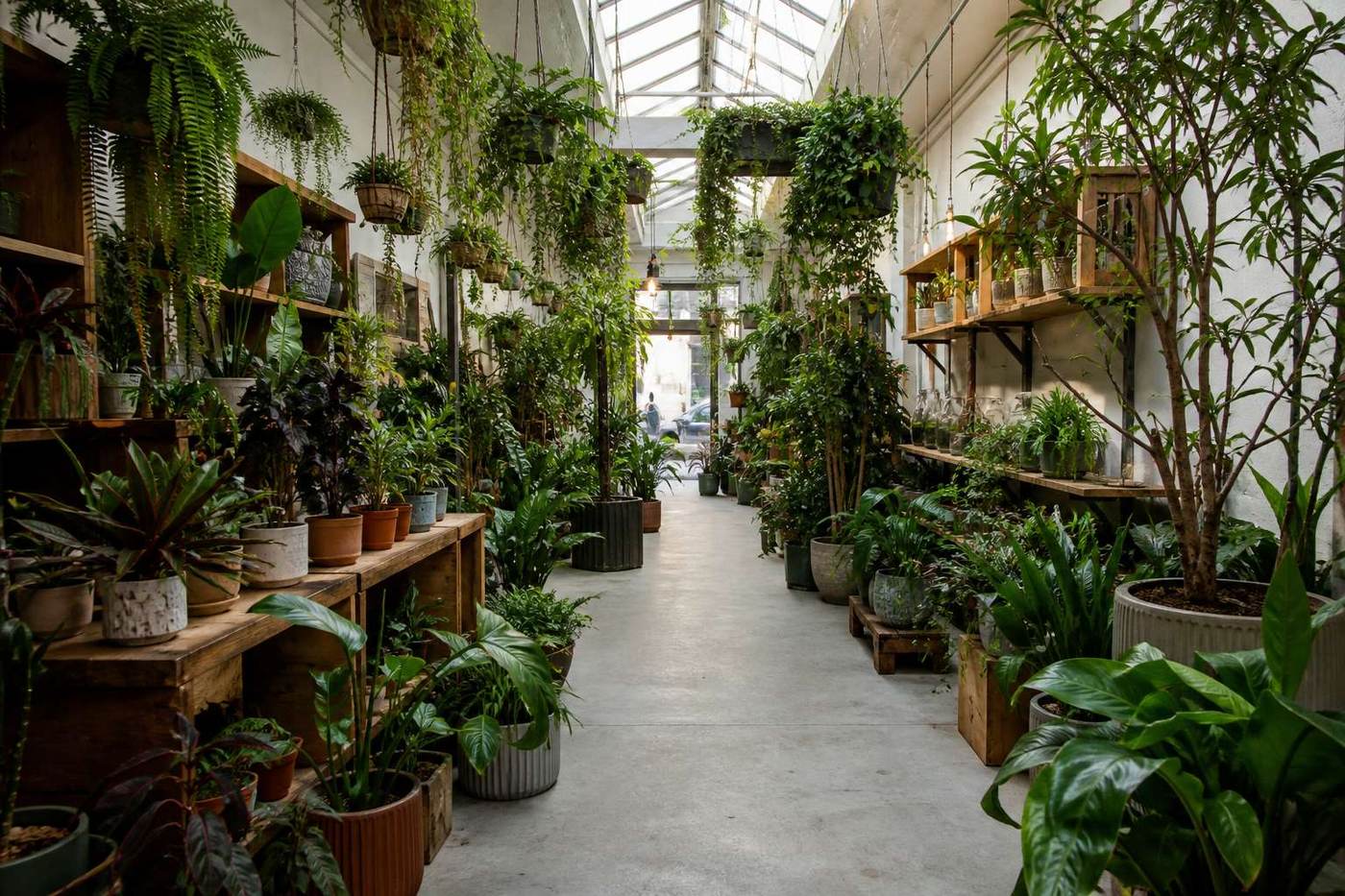 Wide aisle lined with hanging plants and leafy pots under a skylight