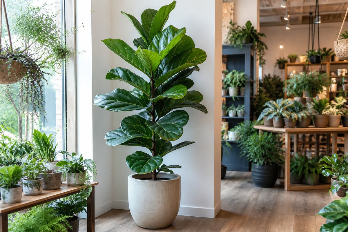 Tall fiddle leaf fig in a ceramic pot in a bright plant shop corner