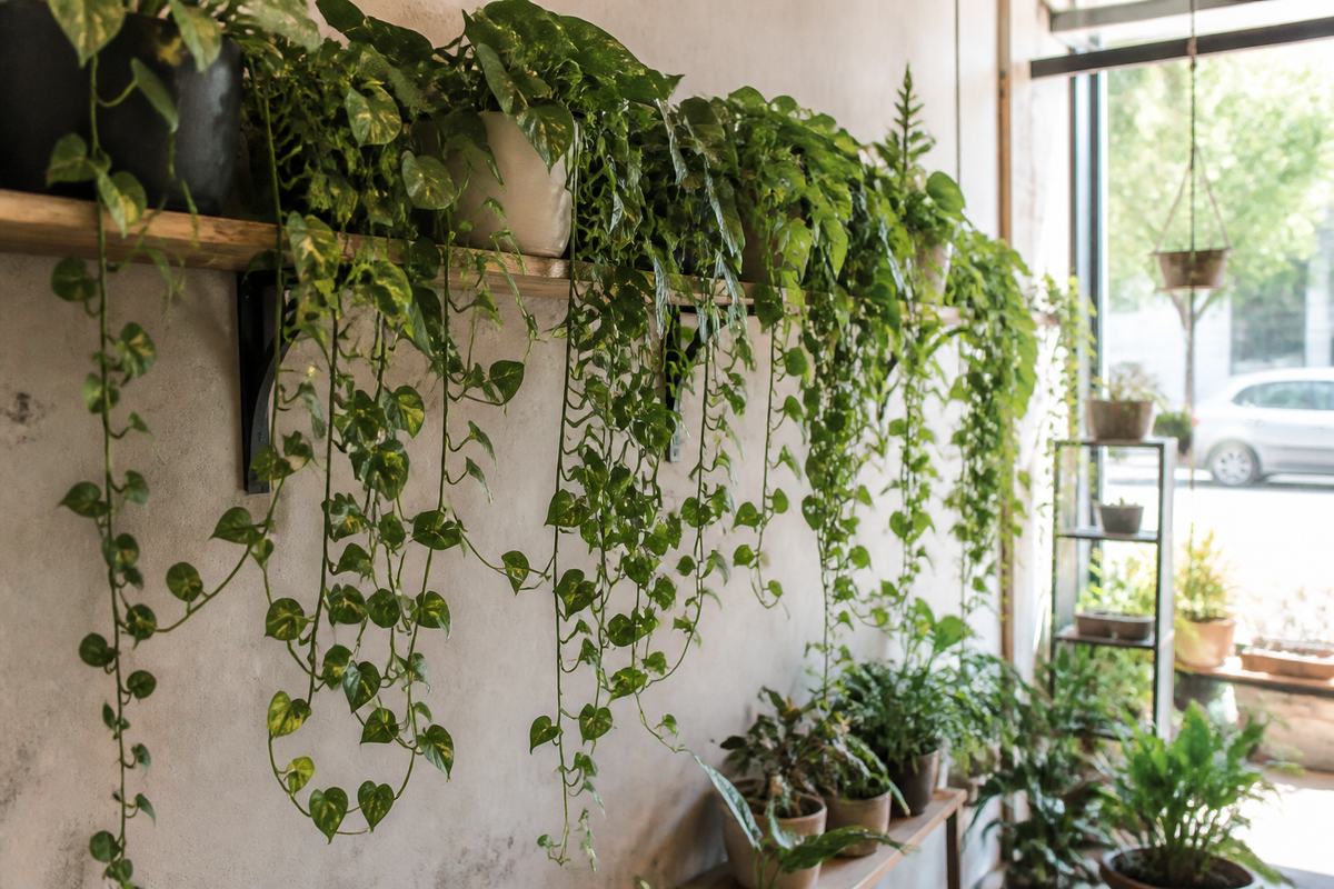Trailing pothos vines near a plant shop window